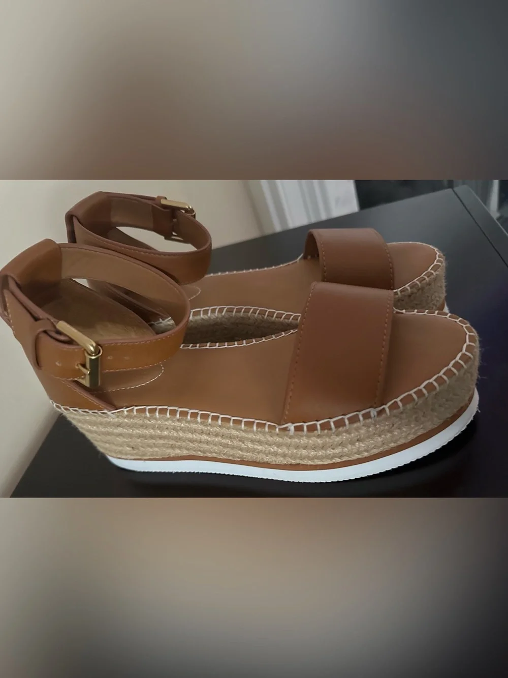 See by Chloé Tan Leather Espadrille Wedge Sandals with Ankle Strap